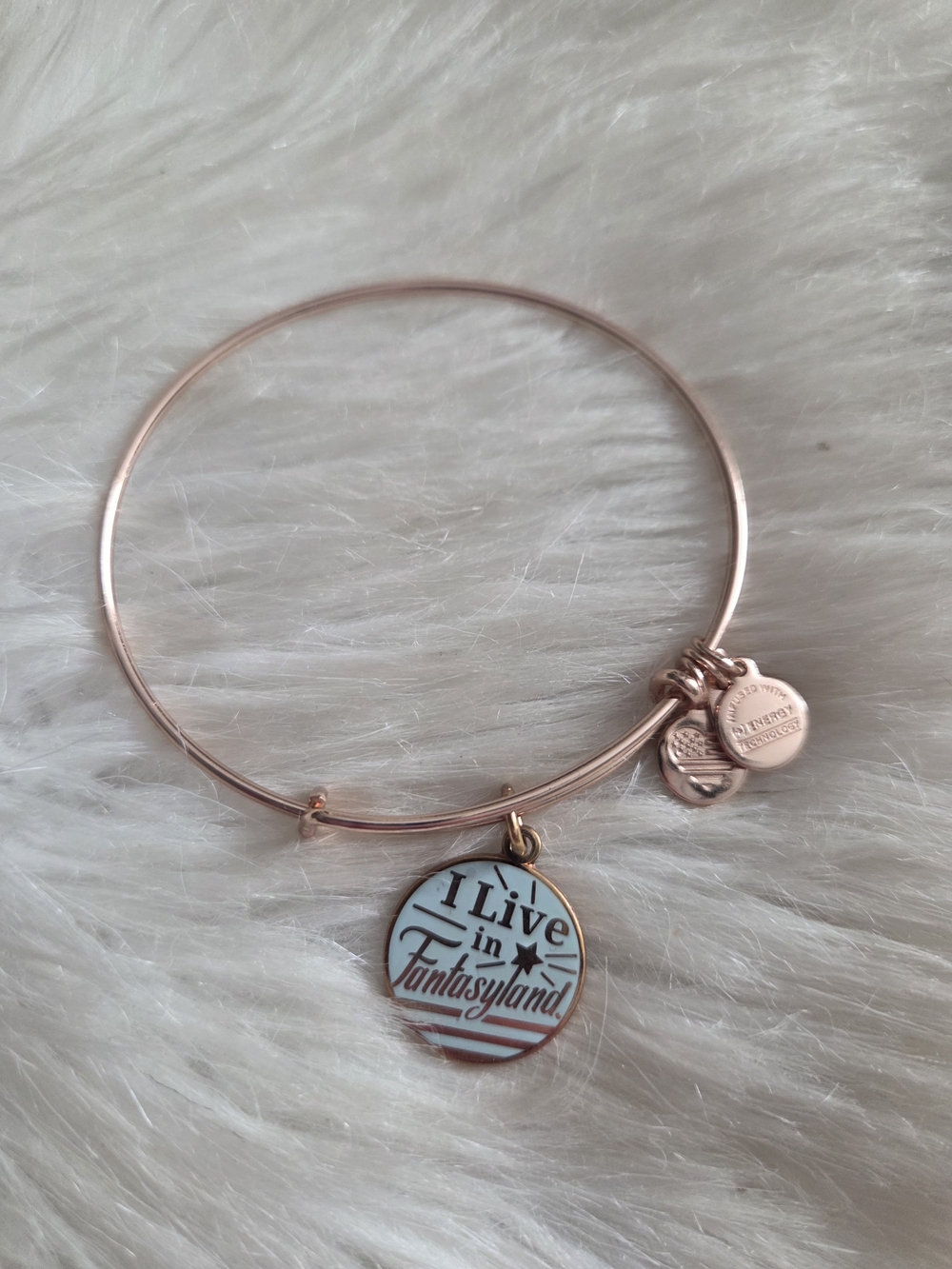 Disney Alex & Ani Rose Gold Charm Bangle Bracelet "I Live in Fantasyland"